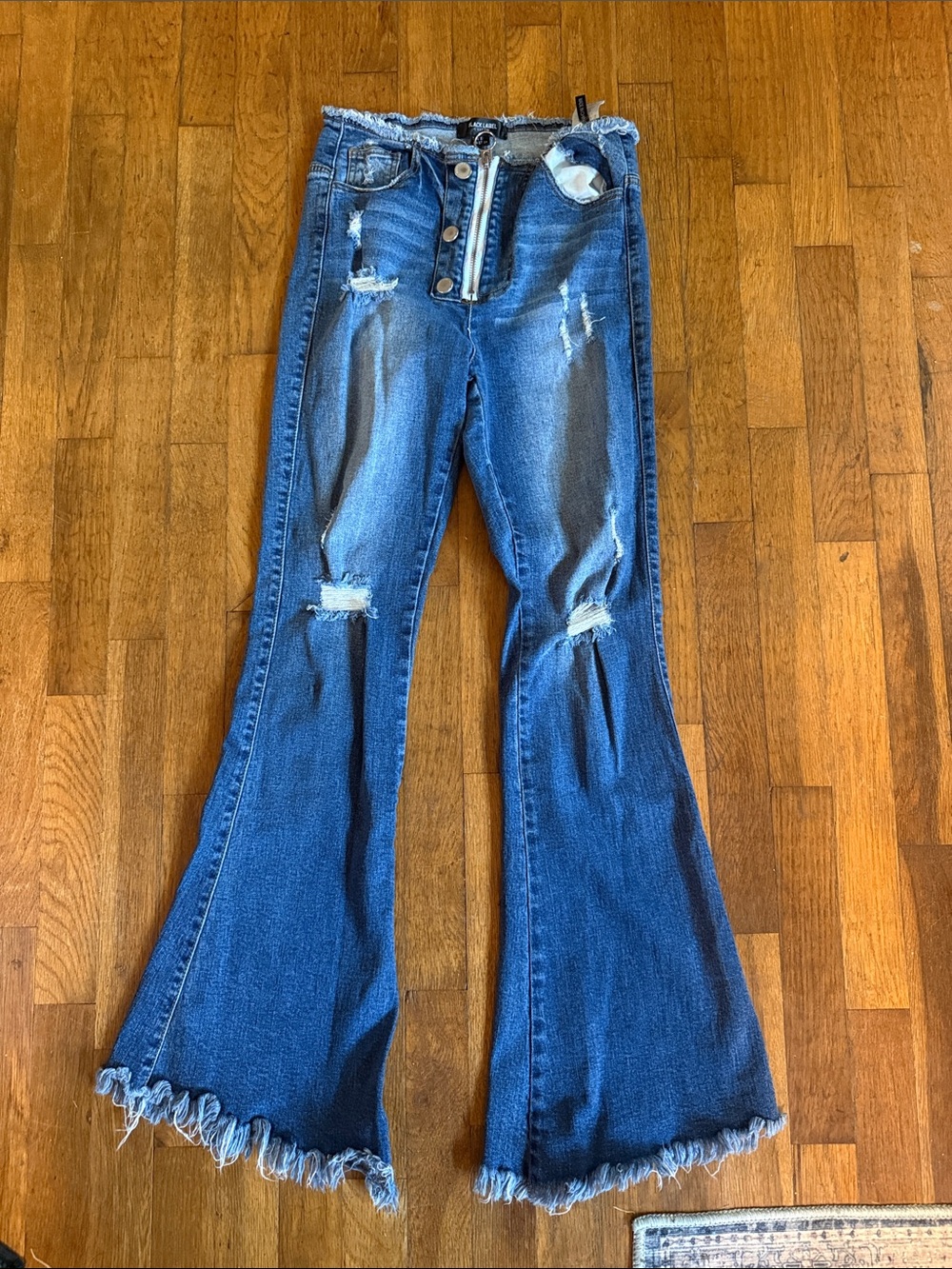 Black Label Blue Distressed Flare Jeans with Frayed Hem
